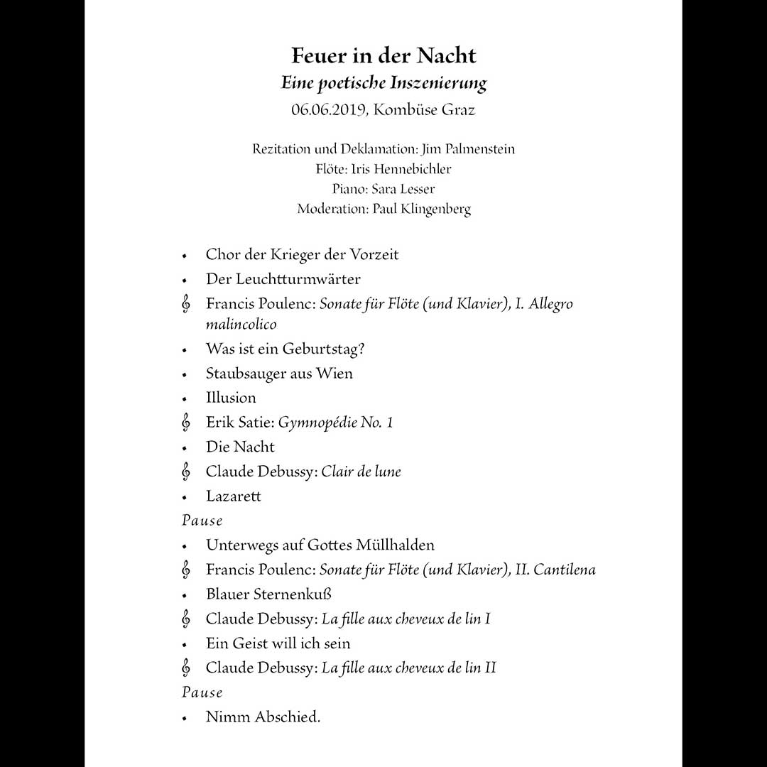 Programm der Lesung "Feuer in der Nacht"