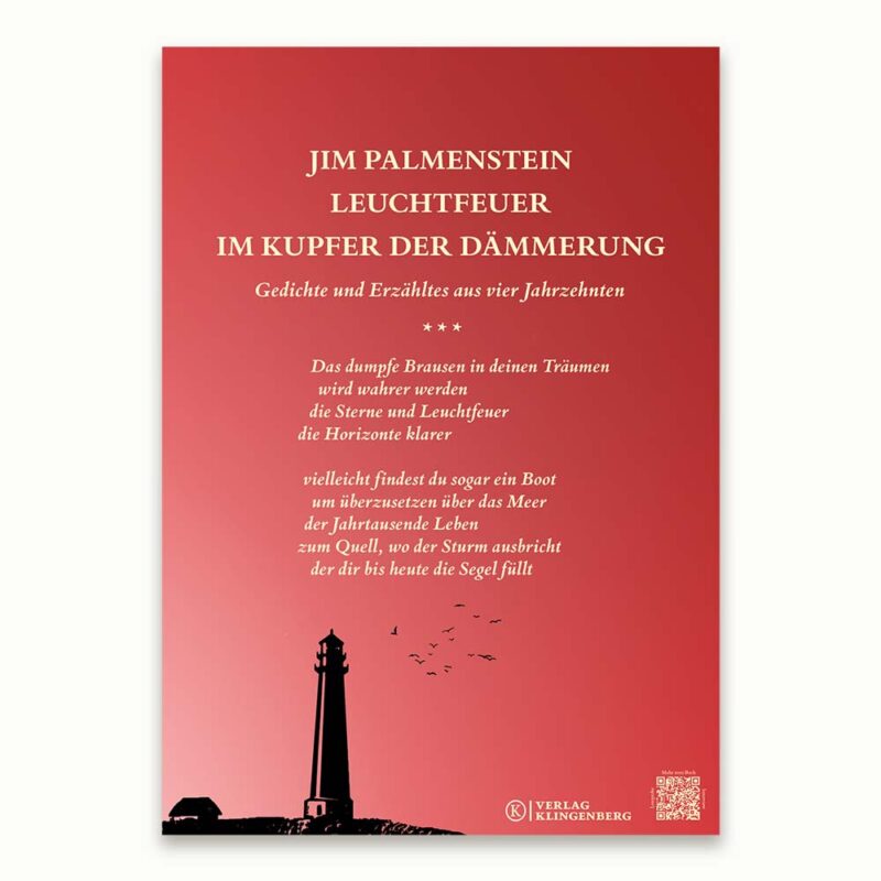 Poster mit Gedicht aus "Leuchtfeuer im Kupfer der Dämmerung" mit Leuchtturm