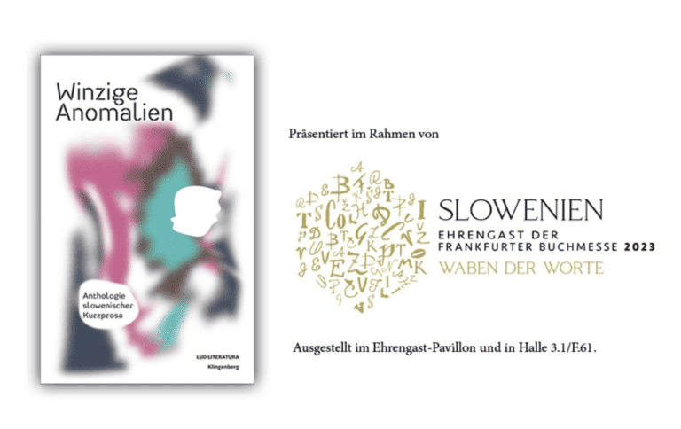 Das Bild zeigt die Publikation »Winzige Anomalien« und das Logo des Ehrengastes Slowenien auf der Frankfurter Buchmesse 2023