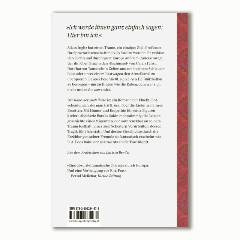 Abbildung von der Rückseite des Romans ›Der Rabe, der mich liebte‹ von Abdelaziz Baraka Sakin.