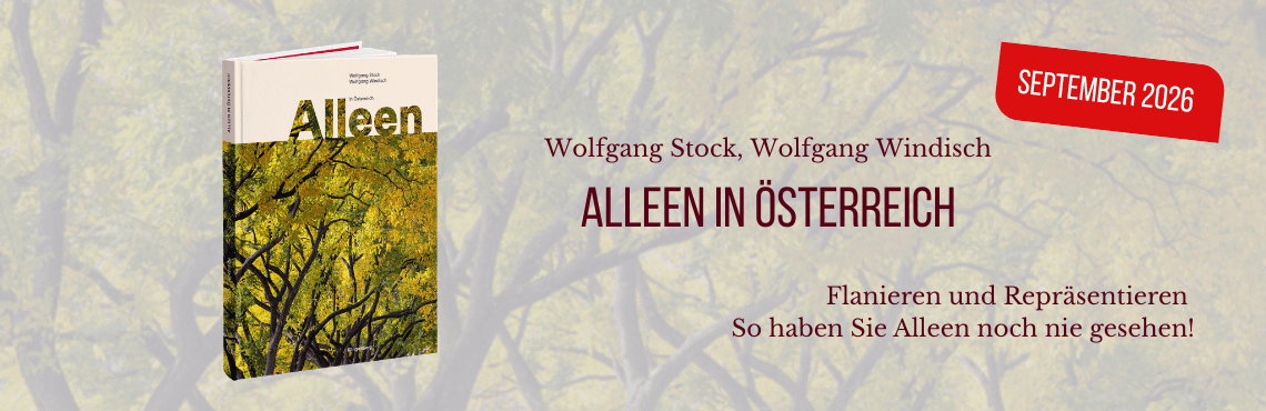 Alleen in Österreich – Neuerscheinung September 2026 Buchcover 'Alleen in Österreich' von Wolfgang Stock und Wolfgang Windisch vor herbstlicher Allee – Erscheinungstermin September 2026