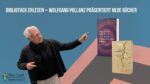 Eine Collage von Wolfgang Pollanz, der mit einem ausgestreckten Arm posierend auf Mock-Ups seiner Bücher zeigt. In der Überschrift steht "Bibliothek erlesen – Wolfgang Pollanz präsentiert neue Bücher", um eine Lesung in der Steirischen Landesbibliothek anzukündigen.