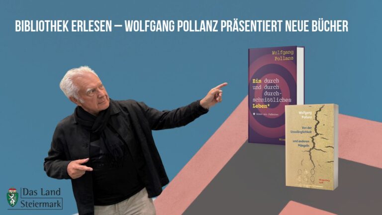 Eine Collage von Wolfgang Pollanz, der mit einem ausgestreckten Arm posierend auf Mock-Ups seiner Bücher zeigt. In der Überschrift steht "Bibliothek erlesen – Wolfgang Pollanz präsentiert neue Bücher", um eine Lesung in der Steirischen Landesbibliothek anzukündigen.